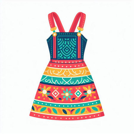 Colorful summer dress with floral ornament. Hand drawn vector illustration.