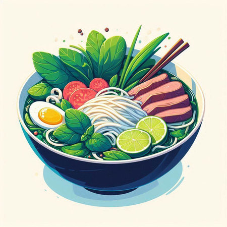 Illustration of a bowl of Asian noodle soup with chicken and vegetables