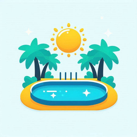 Swimming pool with sun and palm trees. Flat style vector illustration.