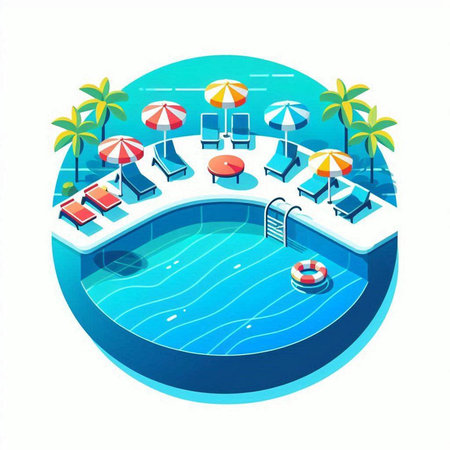 Swimming pool with sunbeds and umbrellas. Vector illustration.