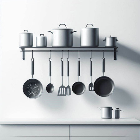 Kitchen utensils hanging on a shelf. 3d rendering