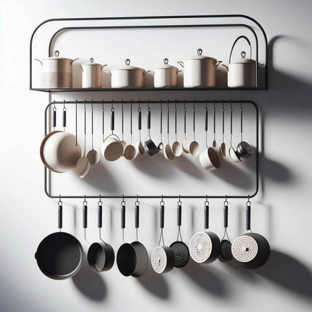 Kitchen utensils hanging on a wall. 3d rendering