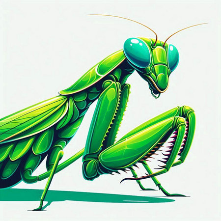 illustration of green praying mantis on a white background, vector illustration