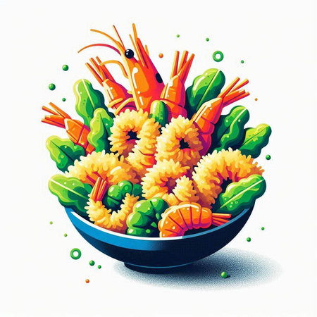 Vector illustration of shrimps with vegetables in a bowl. Healthy food.