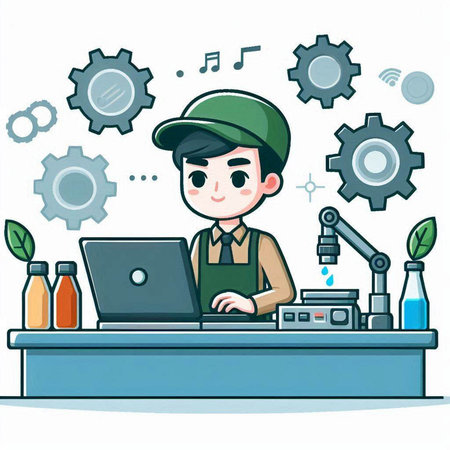 Illustration of a young man working on a laptop in a coffee shop