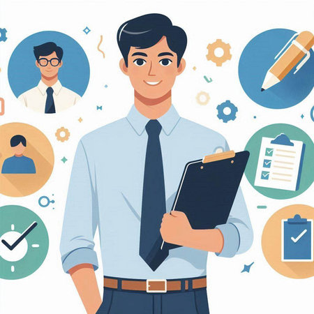 Businessman with clipboard and business icons. Vector illustration in flat styleのイラスト素材