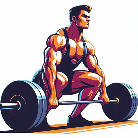 Muscular man lifting a barbell. Vector illustration on white background.
