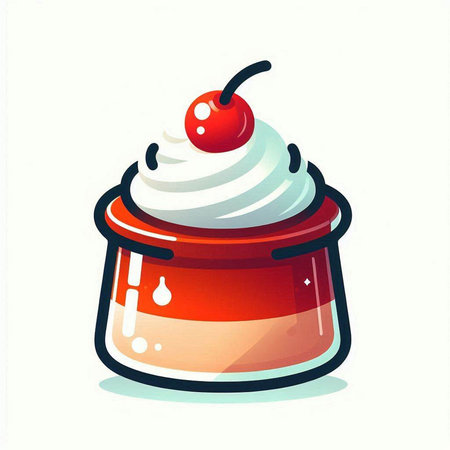 Creamy dessert in glass jar with cherry. Vector illustration.