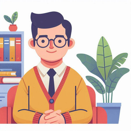Young man in glasses sitting at a table in the office. Vector illustration.