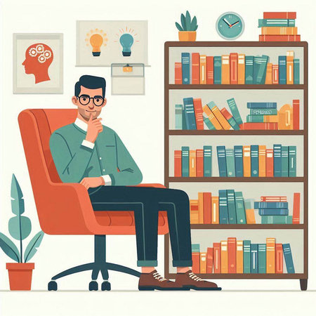 Young man sitting on chair in library and thinking. Vector illustration.