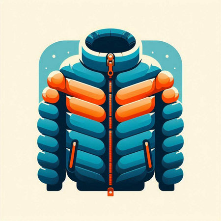 Vector illustration of blue winter jacket isolated on light background. Design element for logo,...