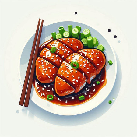 Illustration of a grilled chicken on a plate with chopsticks.