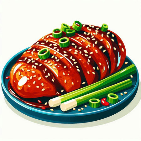 Illustration of a grilled chicken on a plate with green onions.
