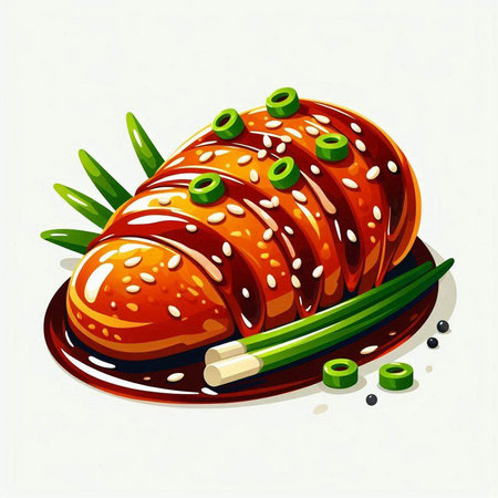 Illustration of grilled salmon with green onion and sesame seeds.