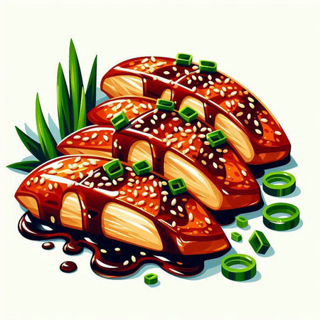 Illustration of Sushi Rolls with Sesame and Vegetables.