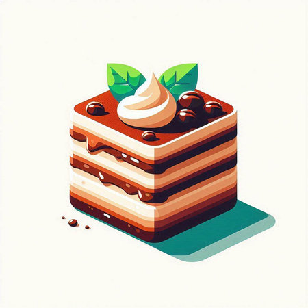 Vector illustration of a piece of cake with cream and mint leaves.