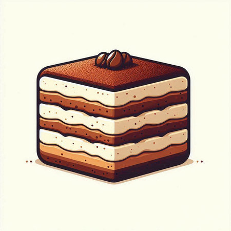Illustration of a slice of cake with cream and chocolate on a white background