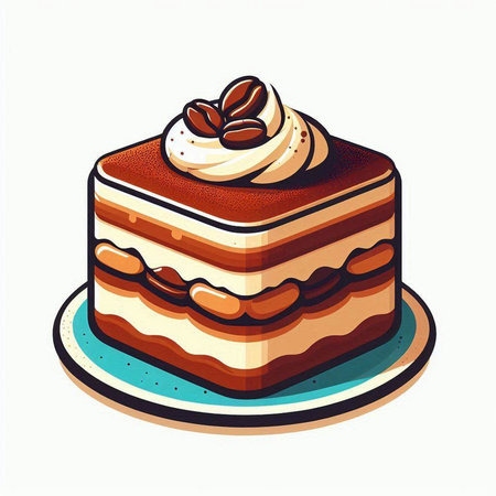 Tiramisu cake with whipped cream and coffee beans. Vector illustration.