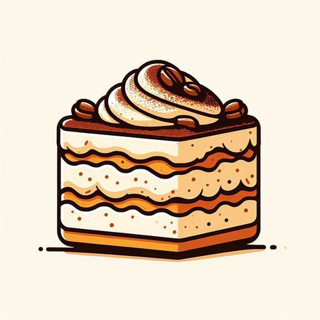 Coffee cake with whipped cream. Hand drawn vector illustration.