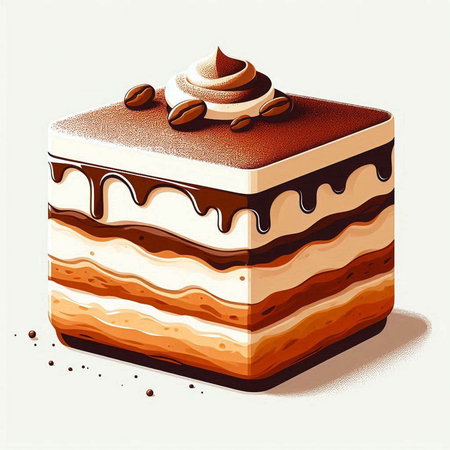 Coffee cake with cream and coffee beans, vector illustration.