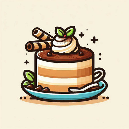 Cake vector illustration. Cake with whipped cream, chocolate and mint.