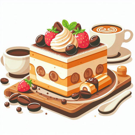 Illustration of a piece of cake and coffee on a white background