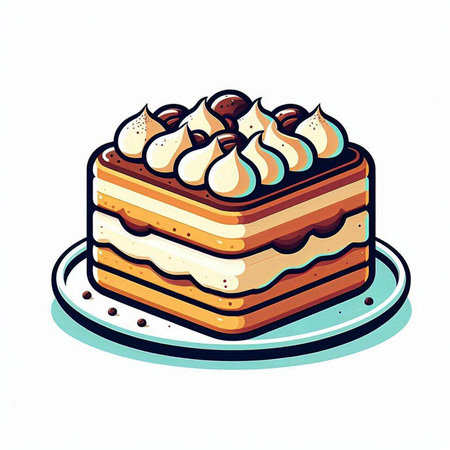 Illustration of a piece of cake on a plate on a white background