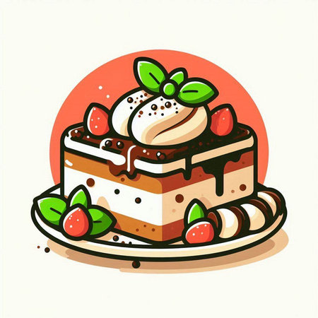 Piece of cake with cream and strawberry on a plate. Vector illustration.