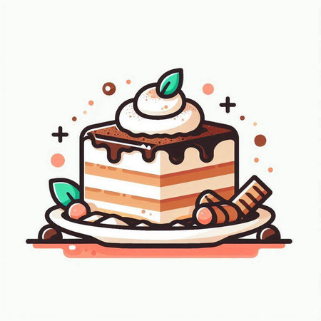 Vector illustration of a piece of cake on a plate with whipped cream.
