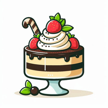 Chocolate cake with whipped cream and strawberries on white background. Vector illustration.