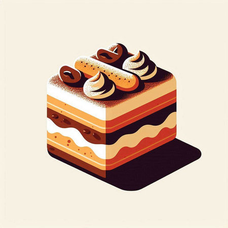Isometric illustration of a cake with cream and chocolate on a white background