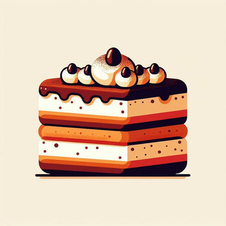 Illustration of a cake with cream and chocolate on a light background