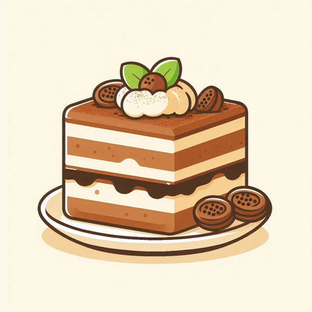 Tiramisu cake on a white plate. Vector illustration.