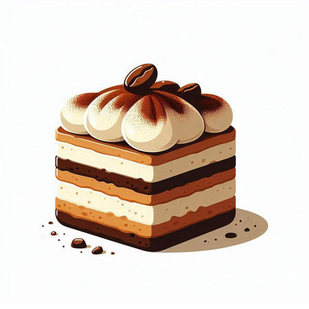 Illustration of a piece of cake with whipped cream and coffee beans