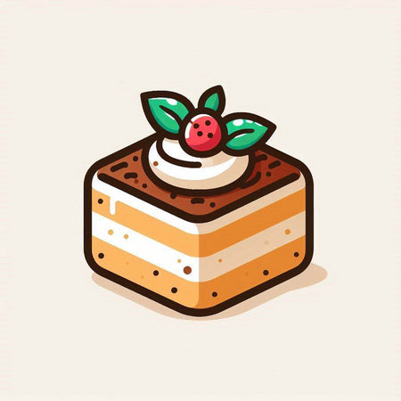 Piece of cake with cream, strawberry and mint. Vector illustration.