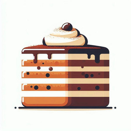 Illustration of a cake with cream and chocolate on a white background
