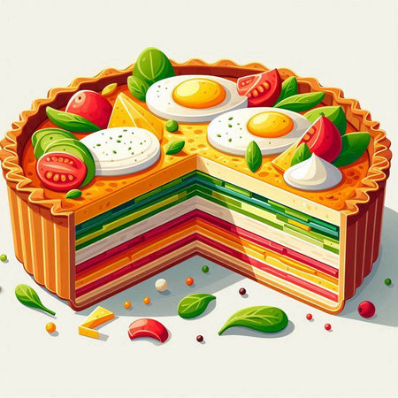 Illustration of a slice of cake with eggs and vegetables on a white background