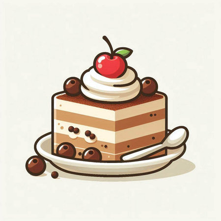 Vector illustration of a piece of cake with cherries and whipped cream.