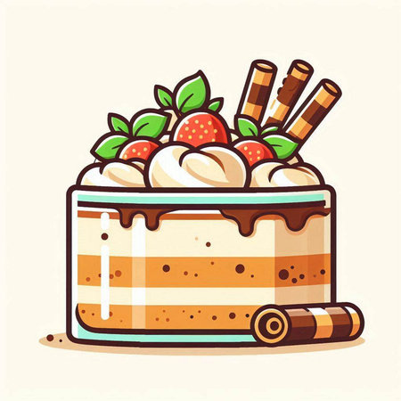 Vector illustration of a cake with strawberries, cream and cinnamon sticks.