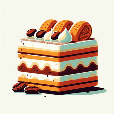 Cake with coffee beans and macaroons, vector illustration.