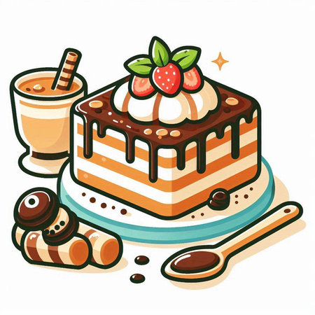 Vector illustration of a piece of cake with chocolate and strawberries on a white background
