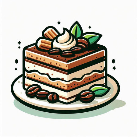 Coffee cake with cream and coffee beans. Vector illustration.