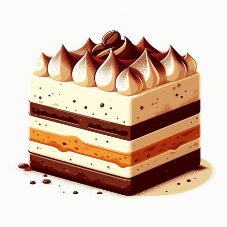 Illustration of a piece of cake with cream and chocolate on a white background