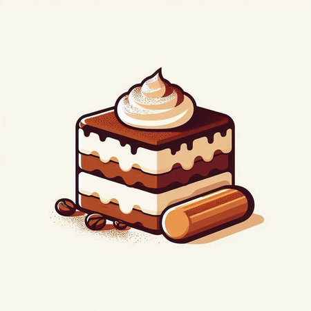 Coffee cake with cream and whipped cream. Vector illustration.