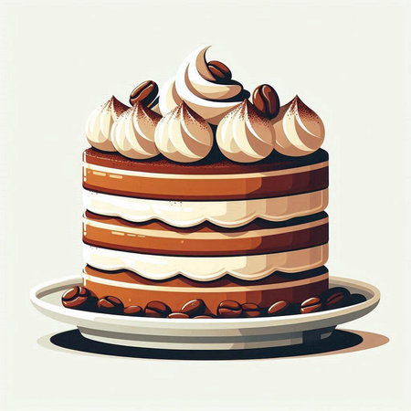 Coffee cake with whipped cream and coffee beans. Vector illustration.