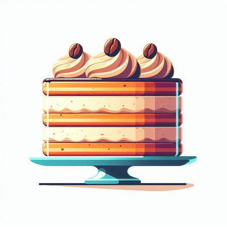 Piece of cake with cream and coffee beans. Vector illustration.