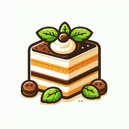 Piece of cake with cream, mint and coffee beans. Vector illustration.