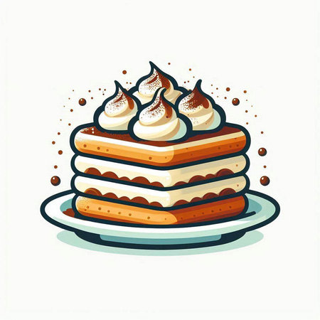 Piece of cake with cream on a plate. Vector illustration.