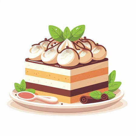 Piece of cake with whipped cream and mint. Vector illustration.のイラスト素材