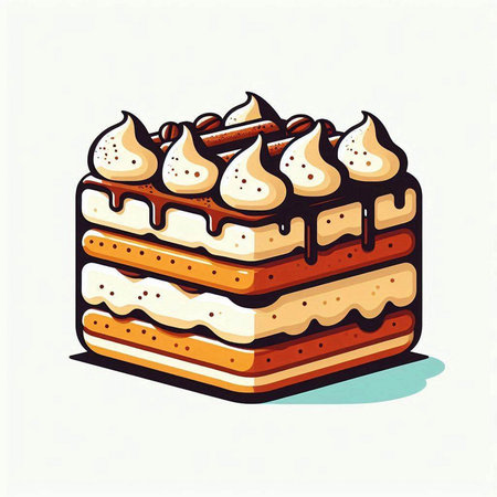 Illustration of a cake with cream and chocolate on a white background